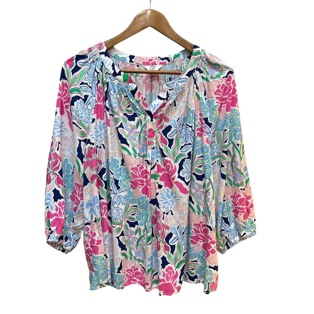 crown & ivy Floral Peasant Blouse in Pink, Blue, Green, Navy